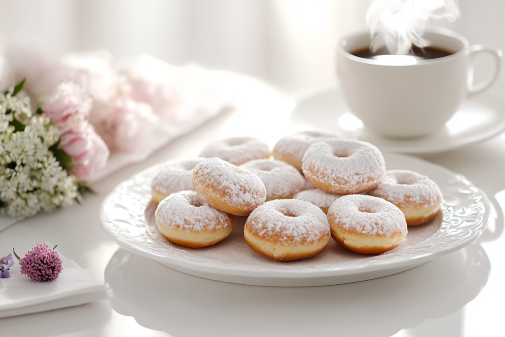 A close-up of a box of powdered donuts with visible signs of staleness, illustrating how powdered donuts expire if not stored properly