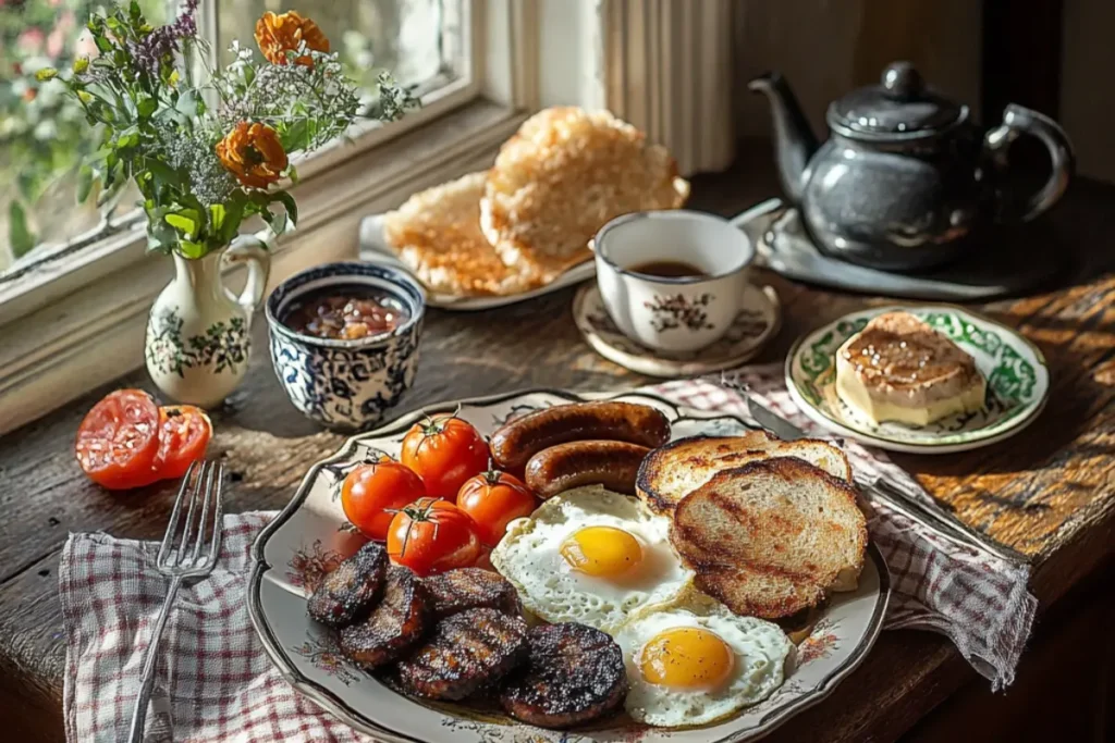 A beautifully arranged traditional Irish breakfast featuring crispy rashers, golden sausages, fried eggs, grilled tomatoes, sautéed mushrooms, black and white pudding, and toasted soda bread on a rustic wooden table with tea cups, a teapot, and natural sunlight creating a warm, inviting dining atmosphere