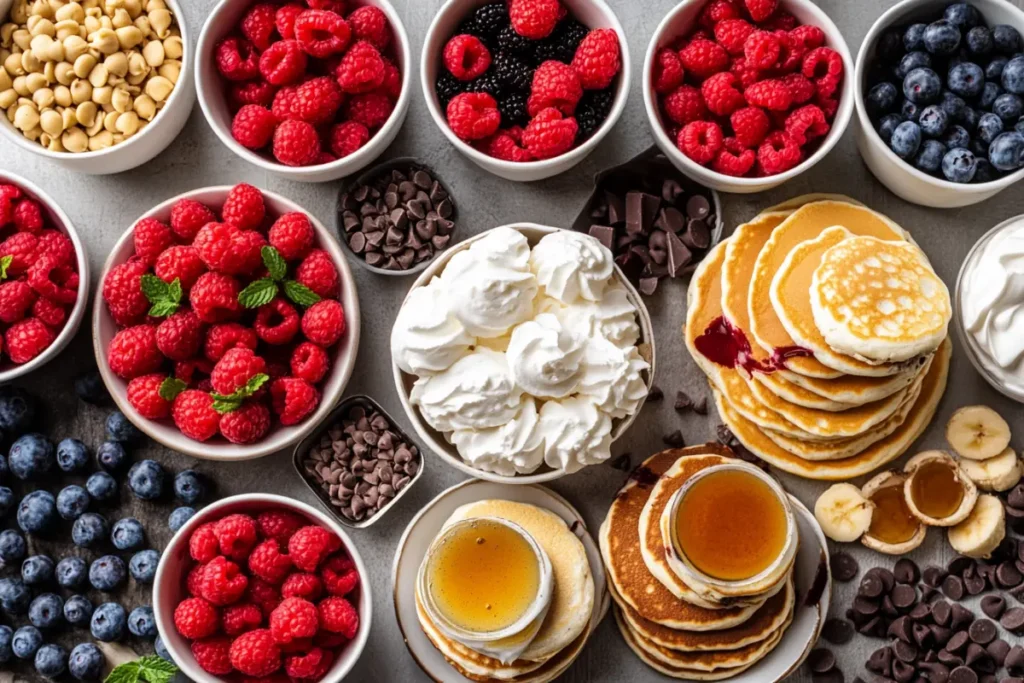 A colorful pancake bar setup to serve mini pancakes at a party, featuring stacks of mini pancakes, fresh raspberries, blueberries, whipped cream, chocolate chips, and syrup, offering a variety of topping options for guests