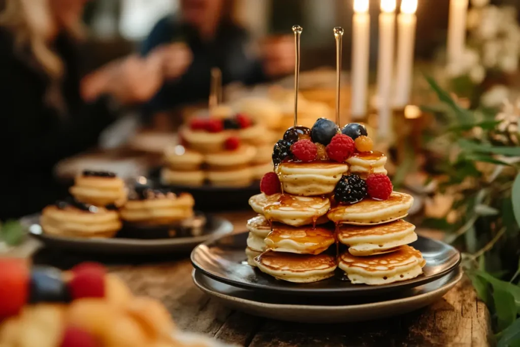 A beautifully styled table setup to serve mini pancakes at a party, featuring stacks of golden pancakes topped with fresh raspberries, blueberries, and syrup, illuminated by warm candlelight for an elegant presentation