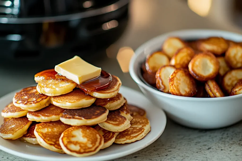 A stack of warm mini pancakes topped with butter and syrup on a white plate, accompanied by a bowl of frozen mini pancakes, with an air fryer in the background.