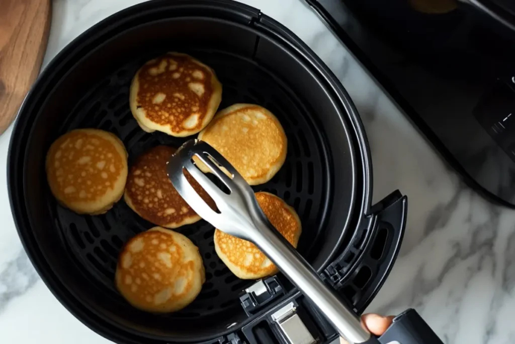 A close-up view of golden brown frozen mini pancakes in an air fryer basket, with tongs flipping one pancake for even cooking