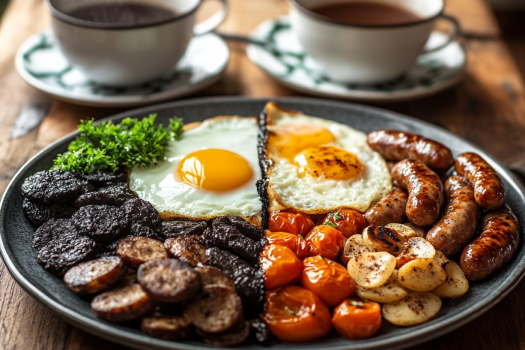 Side-by-side plates of a traditional Irish breakfast and a classic English breakfast on a rustic wooden table, showcasing ingredients like black pudding, soda bread, baked beans, and buttered toast, with cups of tea and a cozy kitchen setting in the background.