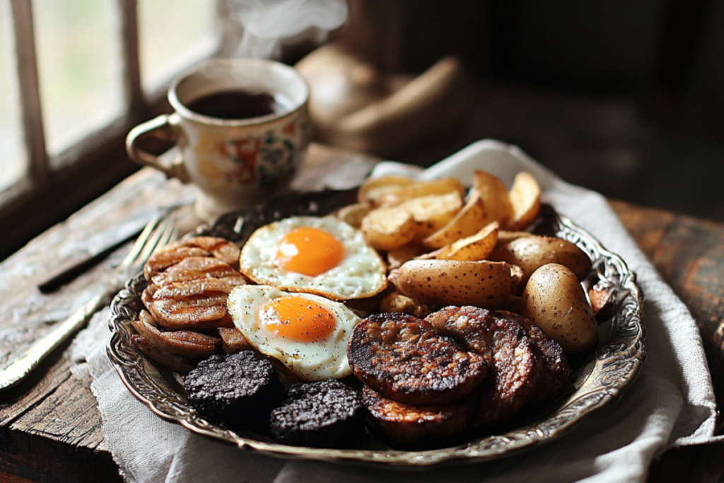 A traditional Irish breakfast served on a rustic wooden table, featuring black pudding, white pudding, fried eggs, grilled sausages, soda bread, and fried potatoes, accompanied by a steaming cup of tea.