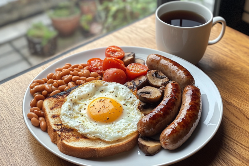 A classic English breakfast served on a polished wooden table, including fried eggs, sausages, baked beans, grilled tomatoes, mushrooms, and buttered toast, with a cup of black tea beside it.