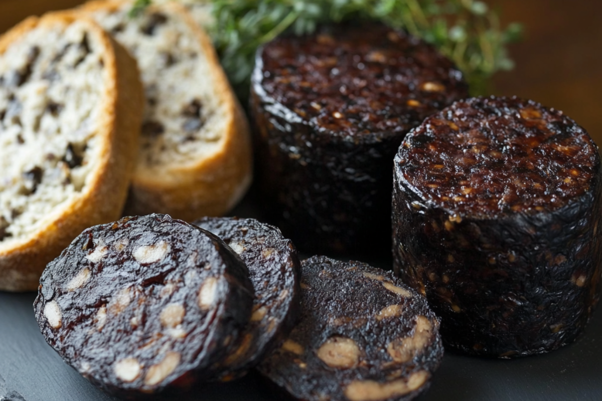 Close-up of two types of Irish black pudding displayed on a slate platter: smooth-textured Cork Drisheen and coarser Sneem Black Pudding, garnished with fresh herbs and paired with slices of Irish soda bread