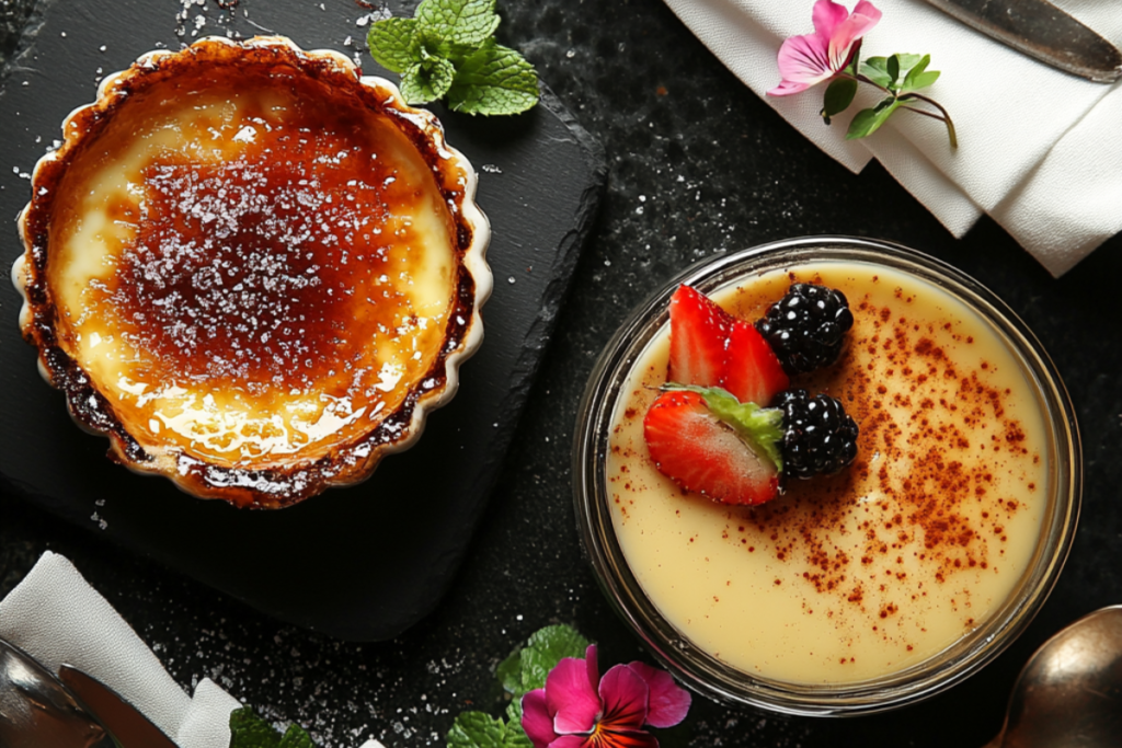 A sophisticated dessert display featuring crème brûlée and custard on a textured marble surface. The crème brûlée is served in a white ramekin with a caramelized golden sugar crust and garnished with a sprig of mint, while the custard is presented in a porcelain bowl topped with fresh strawberries, blackberries, and a sprinkle of cinnamon. The setup includes elegant silver cutlery, folded white linen napkins, edible flowers, and mint leaves, all highlighted by soft, moody lighting that enhances the luxurious textures and colors of the desserts