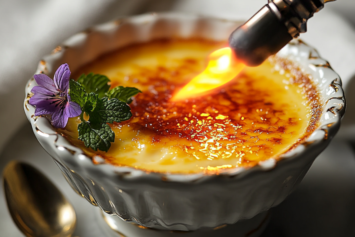 A close-up of caramelizing the sugar topping on crème brûlée in a white ramekin using a small culinary torch. The sugar is melting into a glossy, golden crust with tiny bubbles forming under the intense heat. The ramekin is placed on a polished marble surface, surrounded by a light sprinkling of granulated sugar, a neatly folded linen napkin, and fresh mint leaves, creating an elegant and inviting presentation