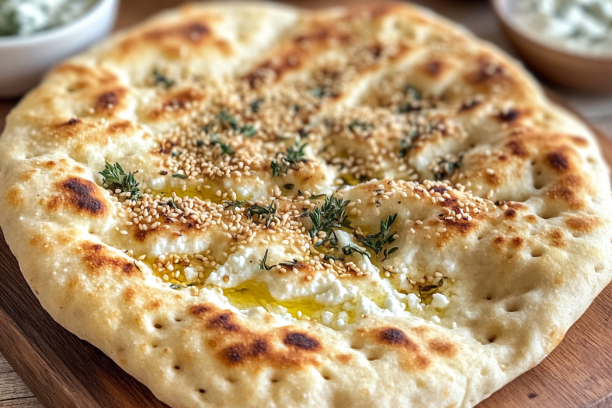 Close-up of a freshly baked cottage cheese flatbread topped with sesame seeds, fresh herbs, and drizzled with olive oil, served on a wooden board.