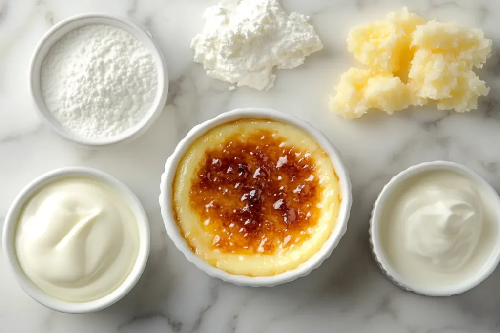 What type of cream is best for crème brûlée? Displaying a perfectly caramelized dessert.