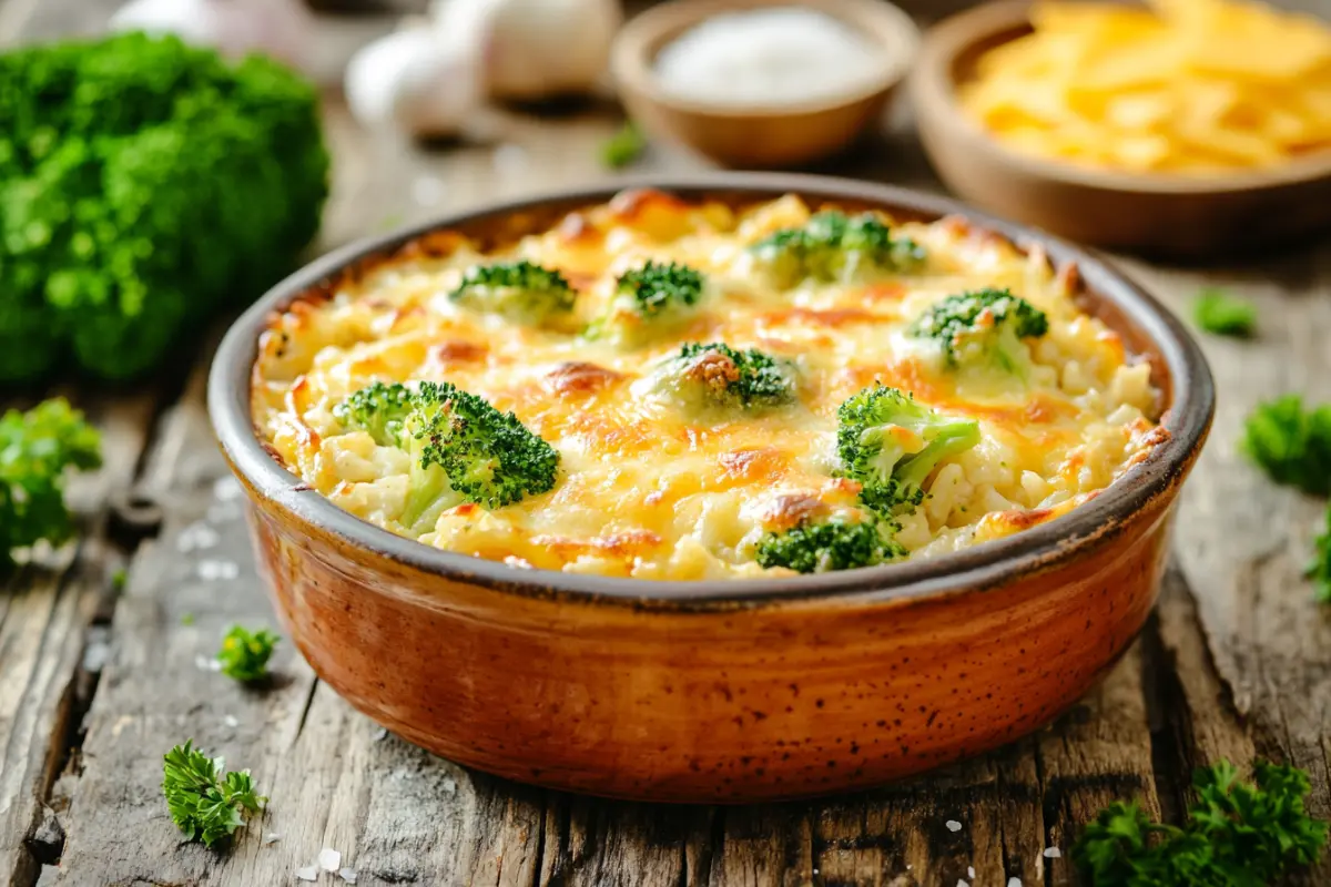 Delicious chicken broccoli rice casserole, ready to be served.