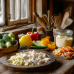 Rustic kitchen counter with fresh ingredients for a homemade casserole, including broccoli, bell peppers, pasta, chicken, and creamy sauce in natural lighting