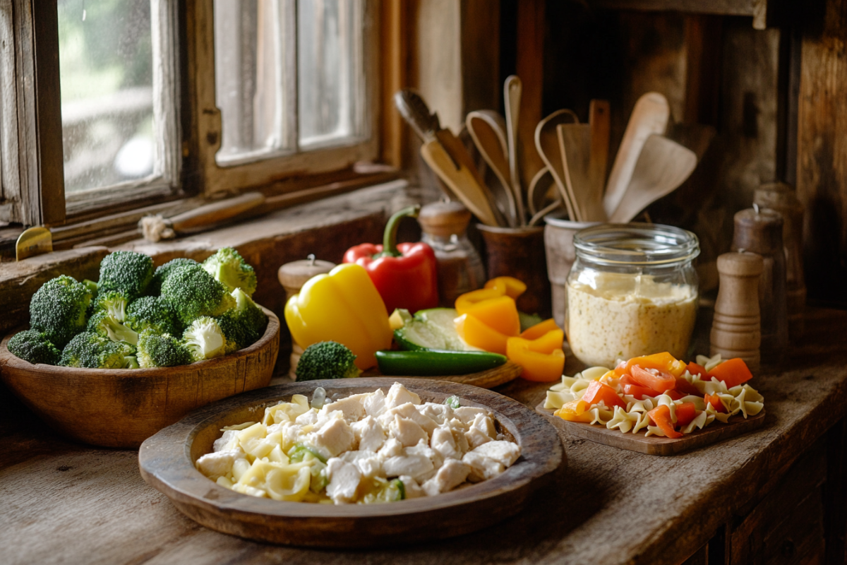 Rustic kitchen counter with fresh ingredients for a homemade casserole, including broccoli, bell peppers, pasta, chicken, and creamy sauce in natural lighting