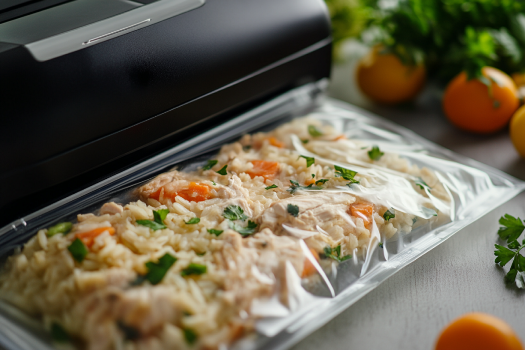 Chicken and rice casserole being prepared for freezing, showcasing various stages of the process.