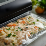 Chicken and rice casserole being prepared for freezing, showcasing various stages of the process.