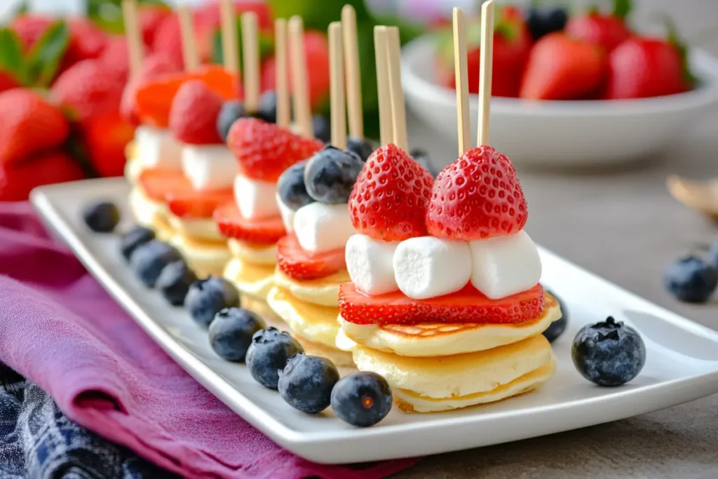 Mini pancakes skewers with strawberries, blueberries, and marshmallows, a creative and colorful way to serve mini pancakes