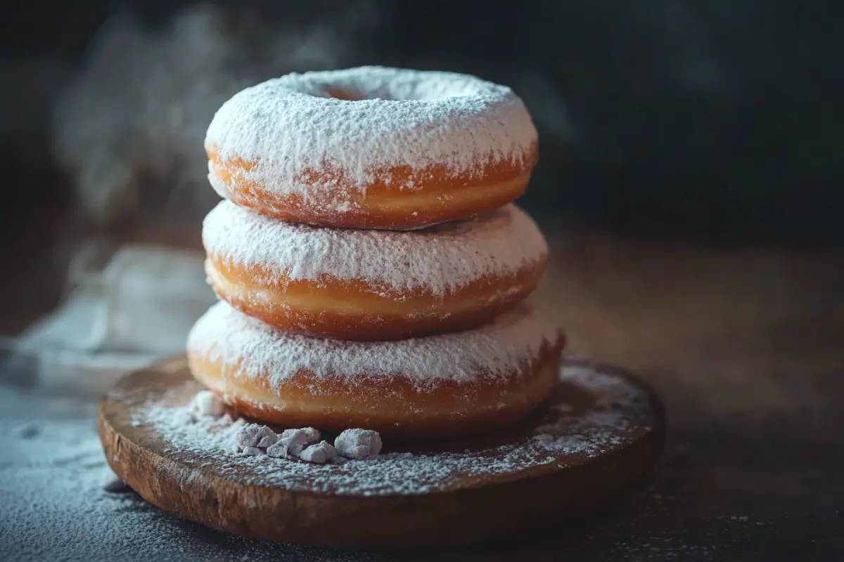 Delicious powdered donuts on a plate