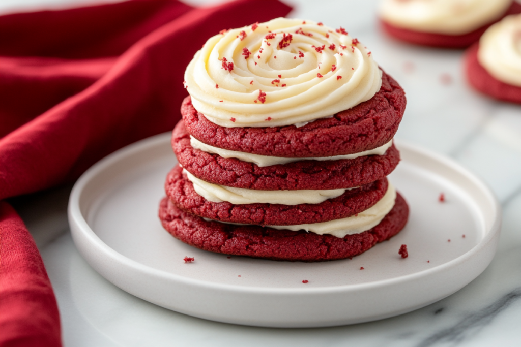 A plate of freshly baked red velvet cookies with a soft, chewy texture, decorated with cream cheese frosting and festive sprinkles, placed on a wooden table