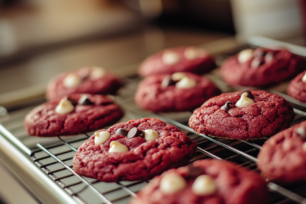 A plate of freshly baked red velvet cookies with a soft, chewy texture, decorated with cream cheese frosting and festive sprinkles, placed on a wooden table