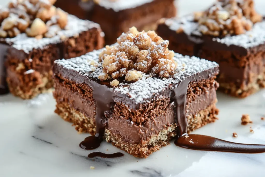 Close-up of a chocolate cake infused with crumbled madeleine cookies, topped with a drizzle of ganache and dusted with powdered sugar, placed on a marble countertop