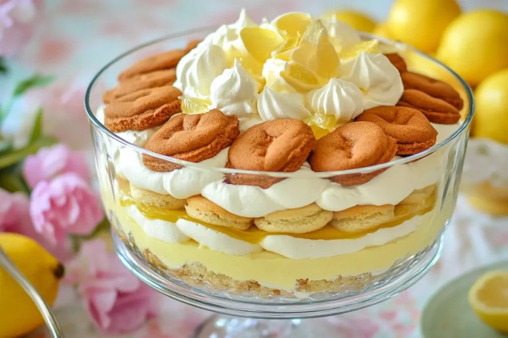 Elegant lemon trifle cake in a glass dish, featuring alternating layers of lemon curd, whipped cream, and madeleine cookies, garnished with fresh raspberries and lemon zest.