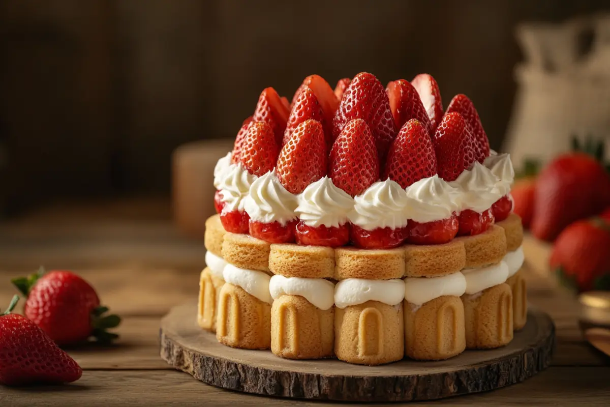 Vanilla cake with madeleine cookie layers and strawberry garnish on a wooden table.