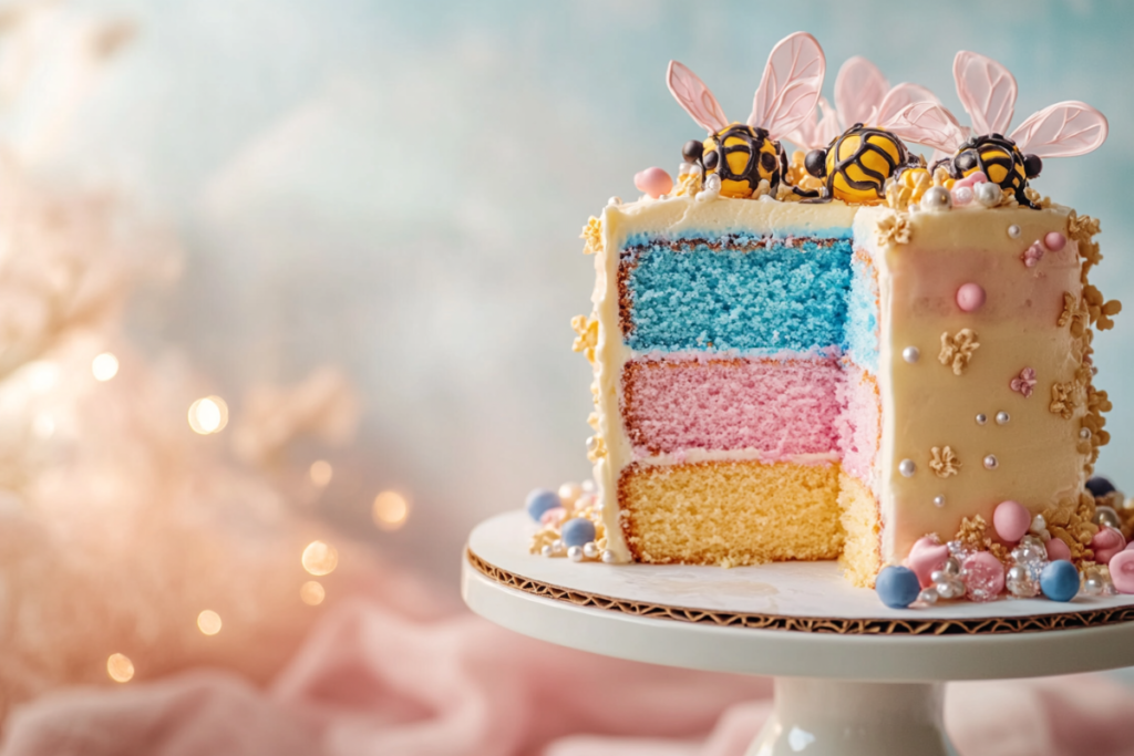 Gender reveal cake with pink or blue slice revealed.