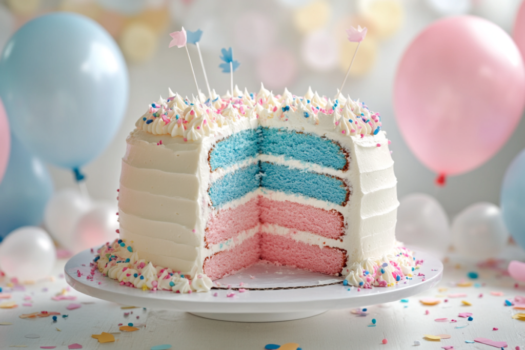 Gender reveal cake with pink or blue slice revealed.