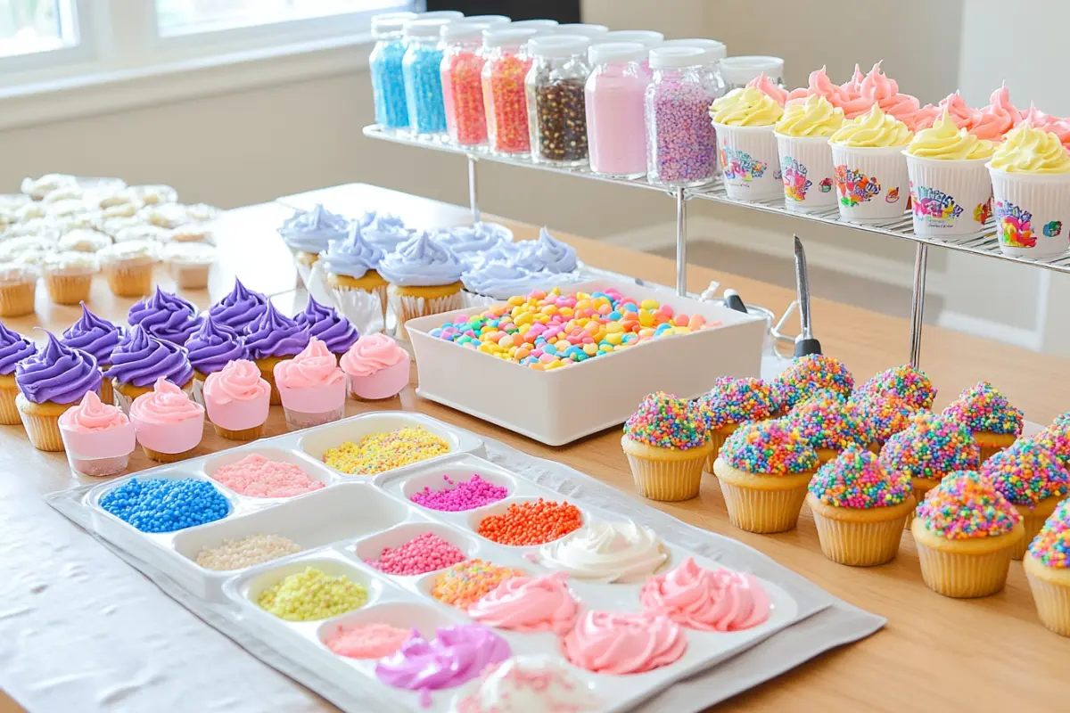 A gender reveal cupcake decorating station with colorful frosting and toppings