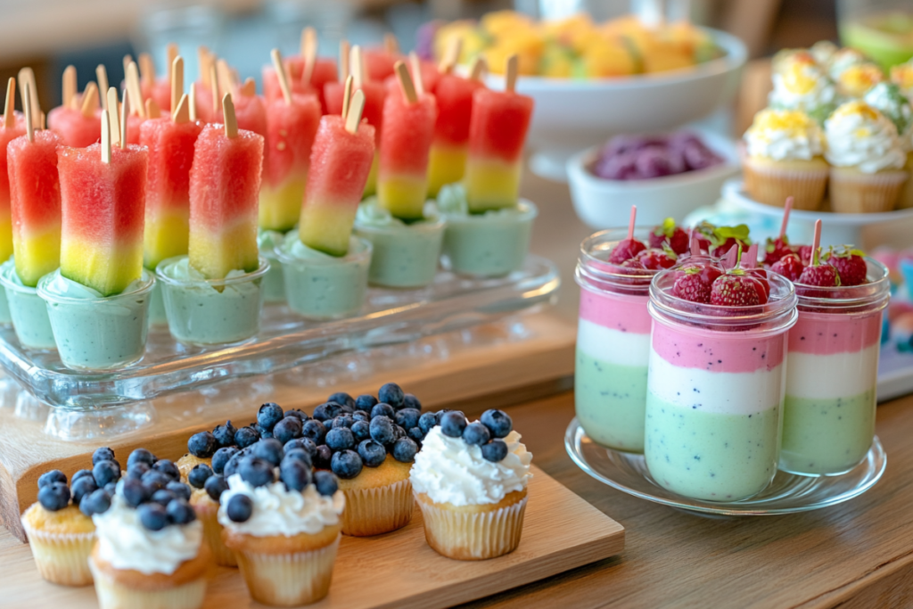 A healthy dessert platter with fruit skewers, yogurt parfaits, and gluten-free cupcakes.