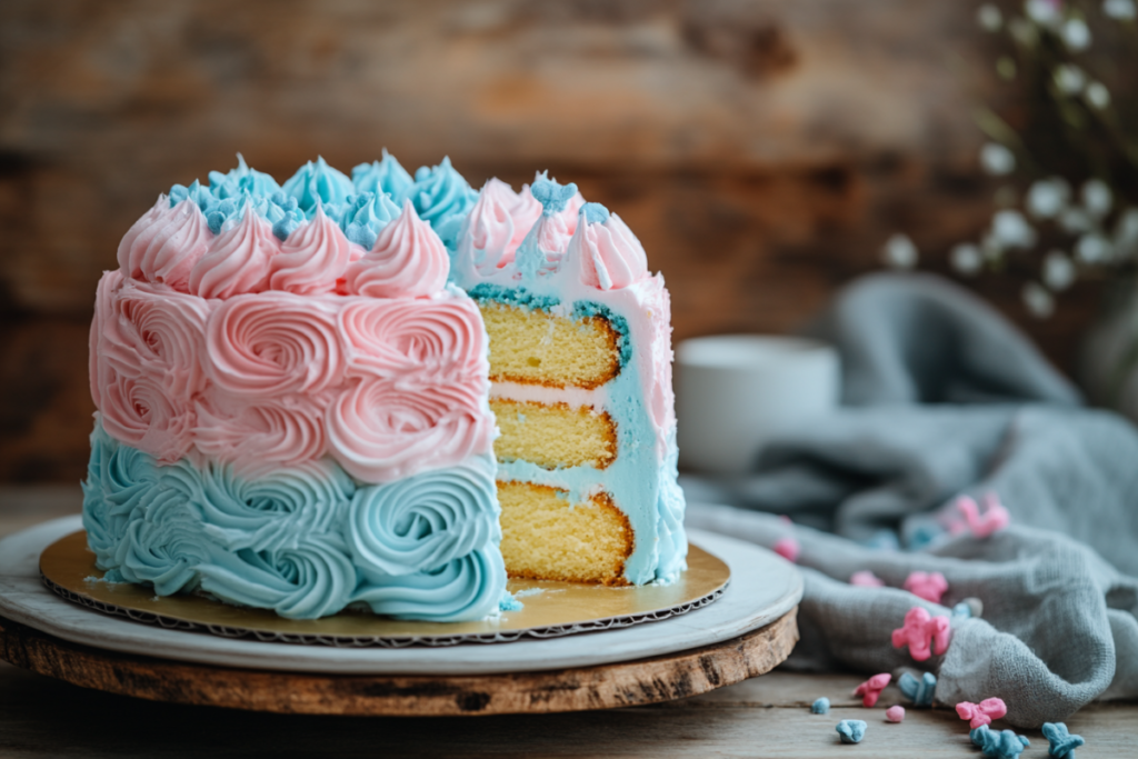 A gender reveal cake with pink and blue frosting, featuring a surprise inside reveal.