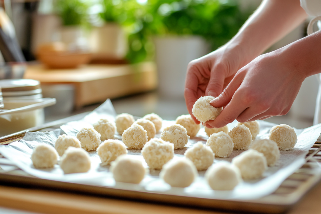 Hands rolling cake and frosting mixture into round cake balls on a parchment-lined baking tray