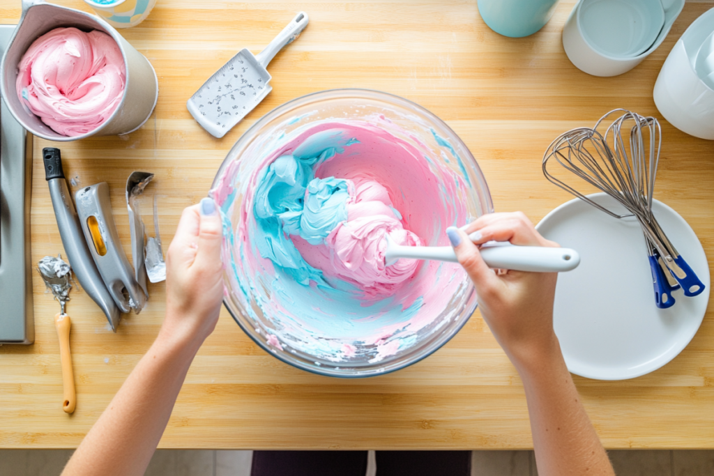 Person mixing cake batter with pink and blue food coloring in a bowl, surrounded by baking tools on a wooden countertop