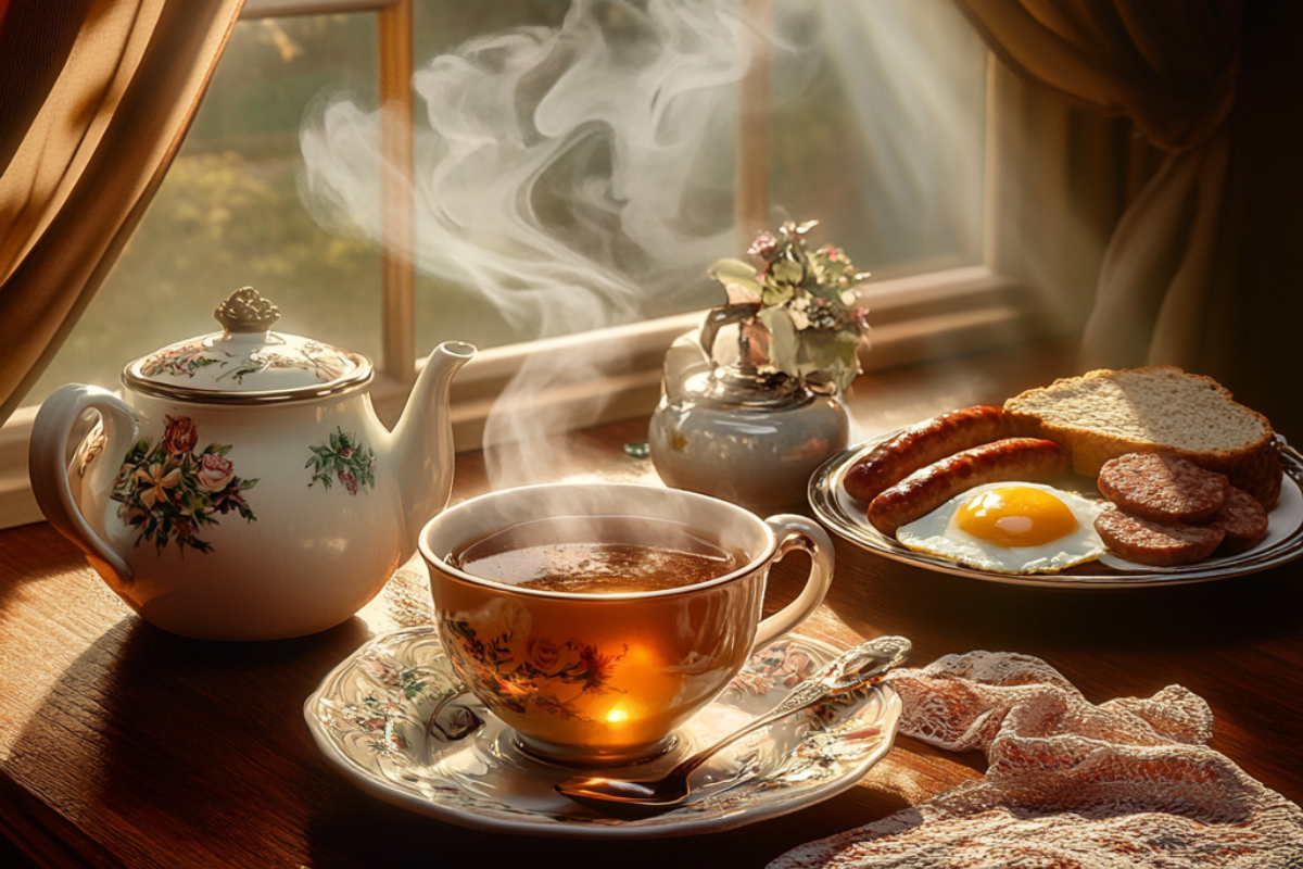 A steaming cup of Irish Breakfast Tea in a porcelain teacup, highlighted with golden light, surrounded by a traditional Irish breakfast plate on an elegant wooden table, creating a warm and inviting ambiance.