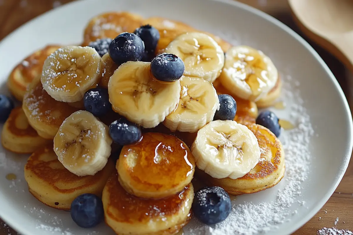 Delicious mini banana pancakes on a plate.