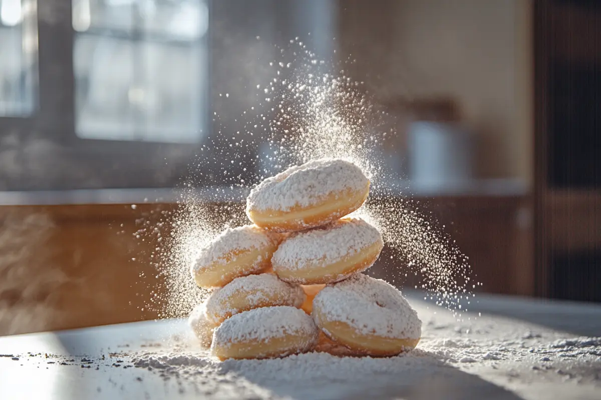 Close-up of several powdered donuts.