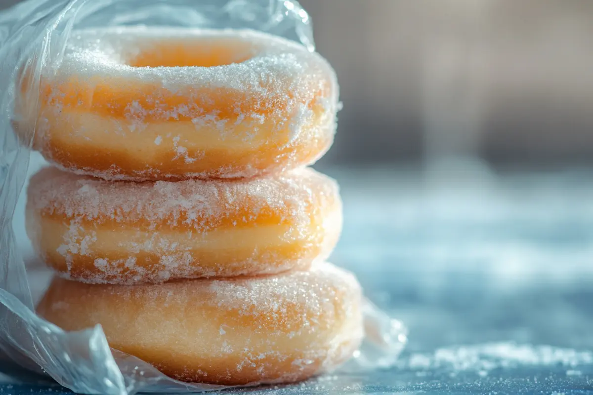 Close-up of frozen powdered donuts on a wire rack.