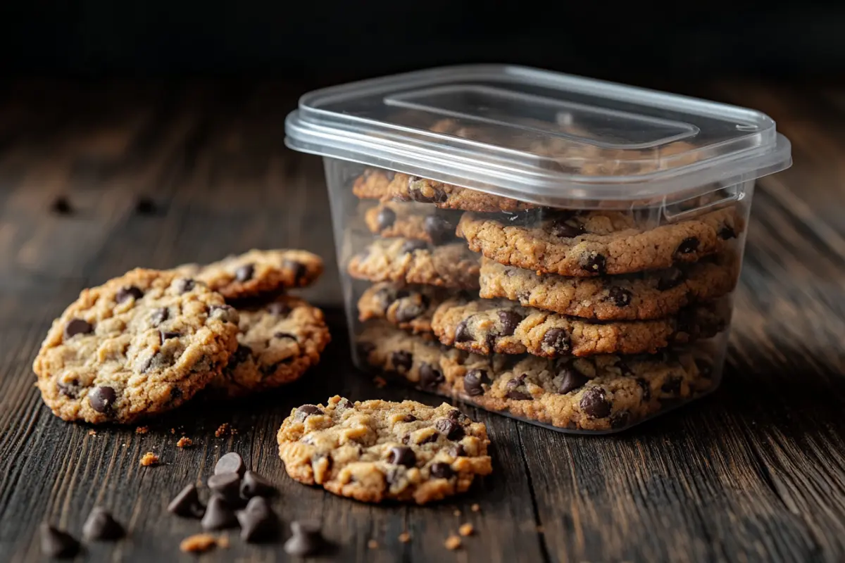 Freshly baked cookies stored in an airtight container on a wooden table.