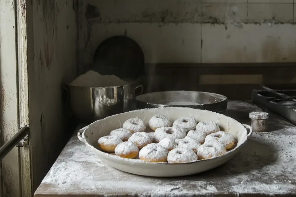 Freeze powdered donuts neatly arranged, showcasing their frosty, sugary coating, perfect for a delightful frozen treat