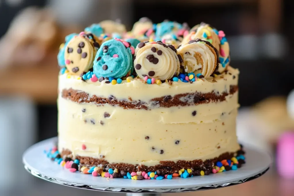 A colorful cake decorated with swirls of frosting, cookie pieces, and rainbow sprinkles on top.