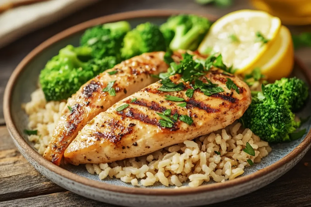 A plated meal with grilled chicken, brown rice, and steamed broccoli, garnished with fresh herbs and lemon.