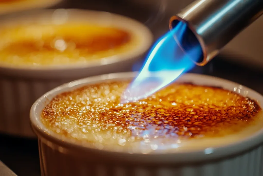 A kitchen torch caramelizes the sugar layer on a crème brûlée, forming a golden, crisp crust.