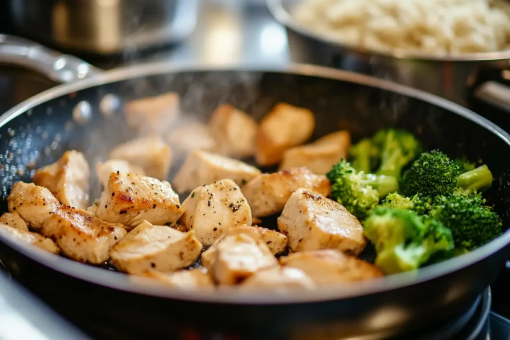 Chicken pieces sizzling in a pan, a pot of brown rice cooking, and steamed broccoli ready to serve