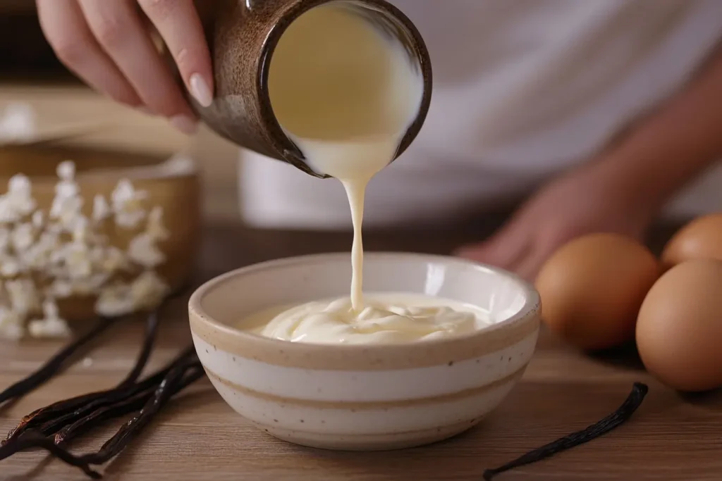 A chef's hands pour warm vanilla-infused cream into a bowl of whisked egg yolks and sugar, creating a smooth custard mixture