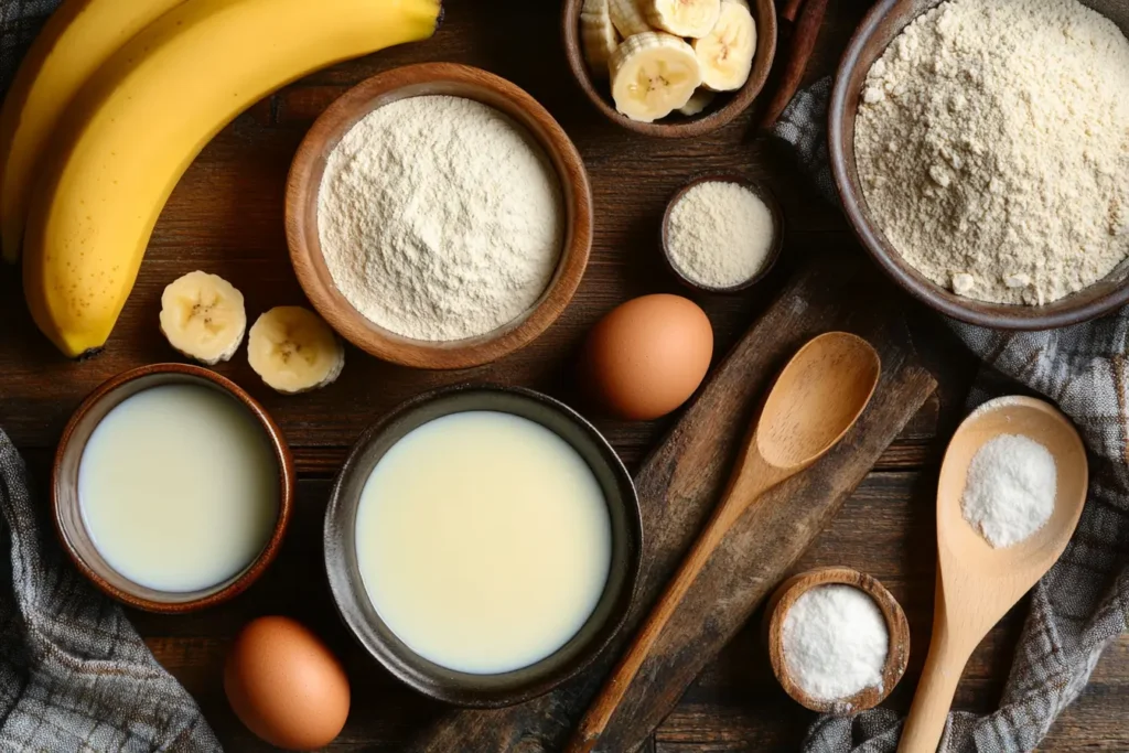A top-down view of ingredients for mini banana pancakes, including a banana, egg, milk, flour, baking powder, salt, vanilla extract, and a mixing bowl.