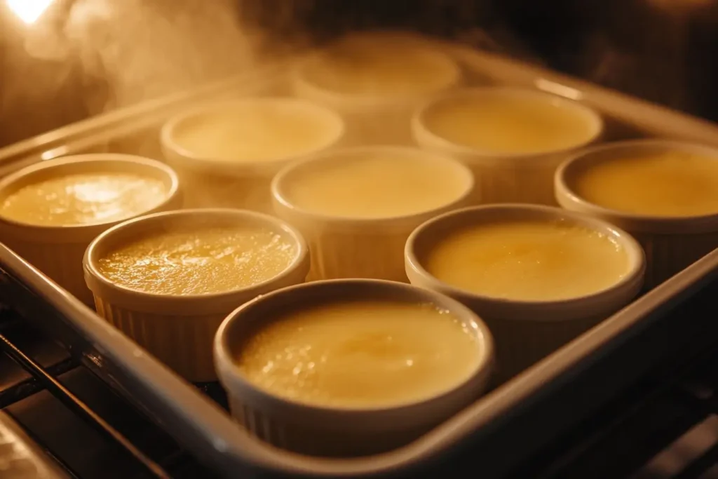 A tray of crème brûlée ramekins sits in a water bath inside the oven, ensuring even baking and a creamy texture