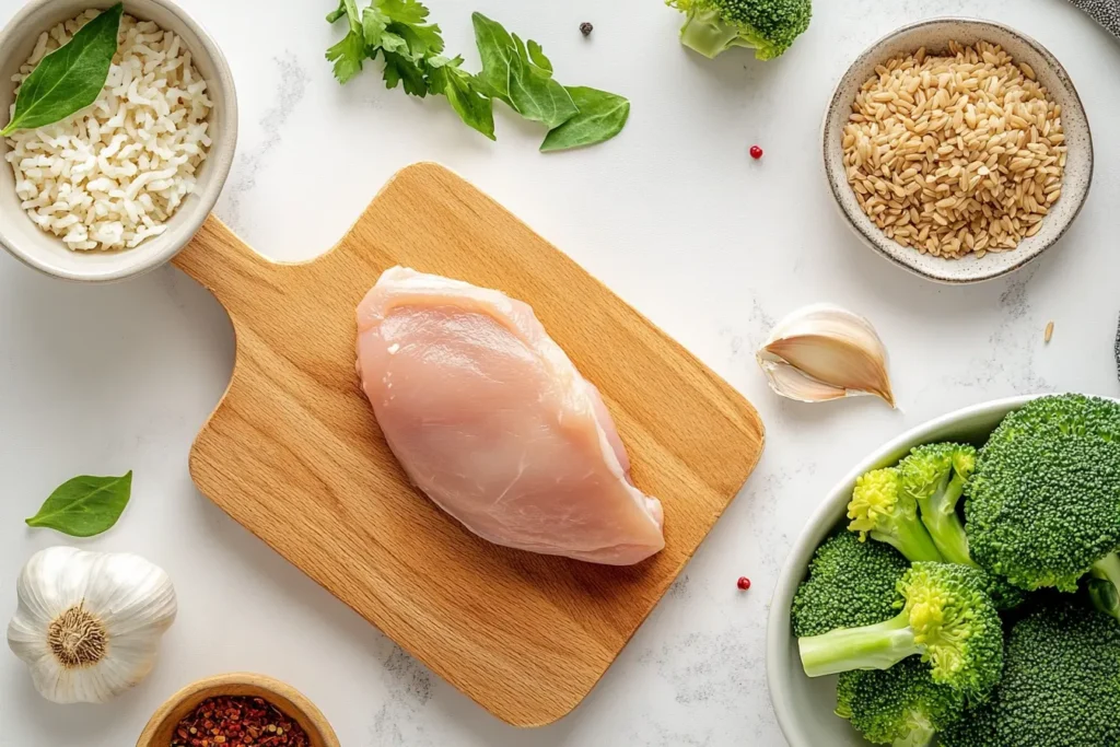 A top-down view of fresh chicken breast, broccoli, brown rice, and seasonings neatly arranged on a kitchen countertop