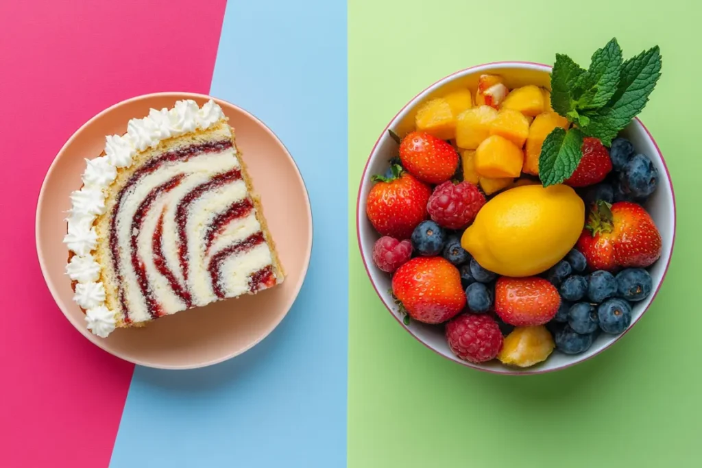 A family sharing Zebra Cakes at a dining table, with a balanced meal of fruits and vegetables in the background, promoting moderation and balance