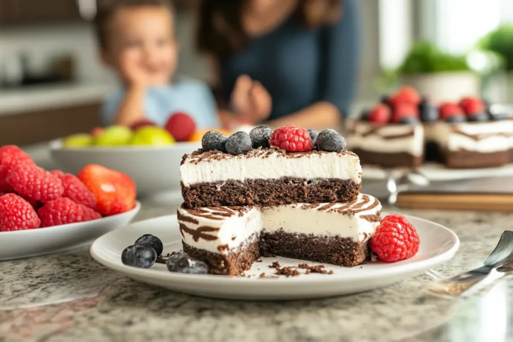 A visual comparison between a Zebra Cake and a bowl of fresh fruit, highlighting the contrast between processed snacks and healthier alternatives