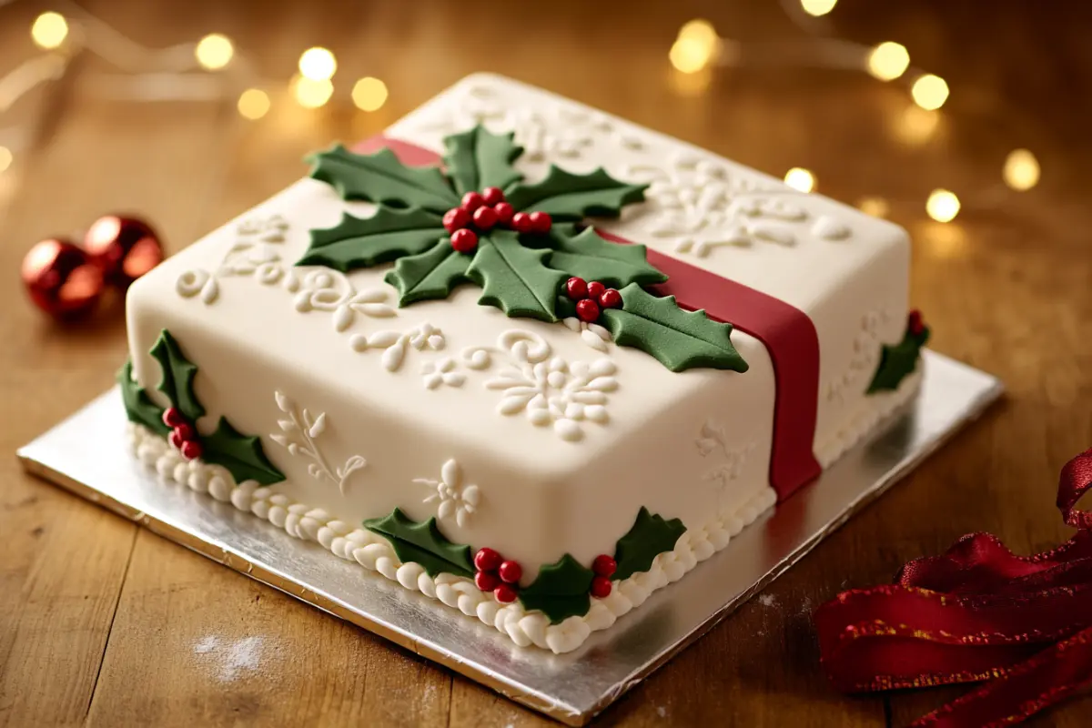 A traditional British Christmas cake with white icing and holly decoration